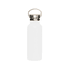 A drink bottle with a sleek white body and a bamboo lid, featuring a metal handle and a logo.