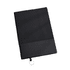 A black A5 leather notebook with a ribbed texture and a small clasp. It features a logo on the cover.