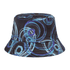 A bucket hat featuring a swirling blue and black design with a comfortable wide brim and a logo.