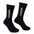 A pair of black socks featuring a logo in white and blue, showcasing a sleek design for comfortable wear.