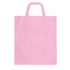 A pink foldable non-woven shopping bag with two handles and a front pocket, featuring a logo.