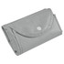 A grey foldable non-woven shopping bag, secured with a snap button, neatly folded for compact storage.