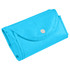 A foldable non-woven shopping bag in bright blue, secured with a snap button, compactly folded.