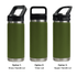 A drink bottle in green with three lid options: straw handle lid, Tritan lid, and sipper handle lid.