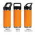 A drink bottle featuring a vibrant orange body and three different lid options: straw handle, tritan, and sipper handle.
