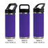 A drink bottle in purple, featuring three different lid options: straw handle, Tritan, and sipper handle.