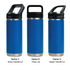 A drink bottle in blue with three lid options: Straw Handle Lid, Tritan Lid, and Sipper Handle Lid. Features a logo.
