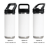 A drink bottle featuring three lid options: a straw handle lid, a Tritan lid, and a sipper handle lid, in white and stainless steel.