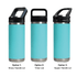 A drink bottle in turquoise with three lid options: Straw Handle, Tritan, and Sipper Handle. Features a stainless steel base.