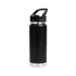 A drink bottle featuring a black body with a stainless steel base and a sipper handle lid, complete with a logo.
