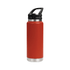 A drink bottle in red with a stainless steel base and a sipper handle lid. It features a logo on the side.