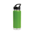 A drink bottle featuring a vibrant green body, stainless steel base, and a sipper handle lid. It has a branding logo.