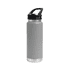 A drink bottle in grey with a stainless steel base, featuring a sipper handle lid and a logo.