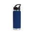 A drink bottle in navy blue with a stainless steel base and a black sipper handle lid. Features a branding logo.