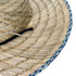 A straw hat with a wide brim, featuring natural straw colours and a blue patterned edge, along with a black strap.