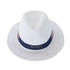A white straw hat with a navy band and logo, featuring a classic fedora shape.