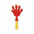 A hand clapper with a red and yellow design, featuring an oversized hand shape on a stick.