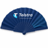 A foldable fan with coloured ribs in navy blue, featuring a logo and design elements.