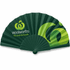 A foldable fan featuring green ribs and a logo, suitable for events and exhibitions.