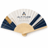 A bamboo hand fan featuring navy blue and white panels, with a logo and decorative gold accents.