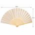 A bamboo hand fan featuring a cream fabric design with wooden slats, measuring 38cm in width and 21cm in height.