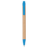 A recycled cardboard pen featuring a blue plastic push-action top and tip, with a simple design.