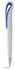 A white ballpoint pen with a blue stylised clip, featuring a twist-action mechanism and a logo.