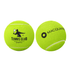 A bright yellow tennis ball featuring a logo and text on one side and a plain design on the other.