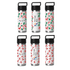 A drink bottle featuring a white design with red and green Christmas-themed patterns and a solid black handle.