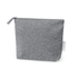 A grey recycled cotton cosmetic bag with a zip closure and a side tag, featuring a simple, minimalist design.