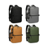 A collection of Zurich Document Backpacks in black, grey, orange, and green, each featuring a logo and multiple compartments.