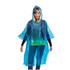 A blue transparent poncho with a hood, worn by a woman, featuring a loose, flowing design.