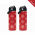 A drink bottle in Christmas red, featuring a black carry handle and snowflake patterns, with a logo.