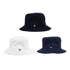 A collection of Terry Bucket Hats in navy, white, and black, each featuring a small logo on the side.