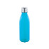 A drink bottle in bright blue with a stainless steel cap and a logo on the body.