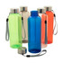A drink bottle set featuring green, blue, orange, pink, and clear options, each with a silver lid and wrist strap.