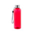 A drink bottle in bright red with a silver lid, featuring a wrist strap and a sleek design.