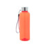 A drink bottle in vibrant orange with a silver lid and a grey strap. It features a logo on the body.