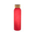 A drink bottle with a frosted red glass body and a wooden lid. It features a logo.