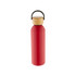 A drink bottle in bright red, featuring a bamboo lid and handle, with a logo on the side.