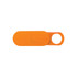 An orange sliding webcam blocker with a circular attachment hole. It features a smooth, streamlined design.