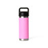 A drink bottle with a solid handle, featuring a pink body and a black lid. It has a logo on the side.