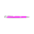 A metal pen in vibrant pink with silver accents, featuring a clip and decorative bands. Includes branding.
