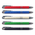 A collection of slimline pens in red, blue, beige, green, and brown, featuring silver accents and a branding logo.