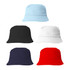 A set of five cotton bucket hats in light blue, black, white, navy, and red, each featuring a logo.