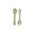 A light green silicone spoon and fork set for kids, featuring a smooth design and rounded edges.