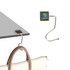 A silver curved desk hook features a square attachment with a logo, designed to hold bags or items.