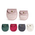 Oval velvet jewelry pouches in various colours: pink, green, burgundy, grey, and white, featuring a snap closure and branding.