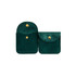 A square velvet jewelry pouch in deep green, featuring a gold snap closure and two compartments.