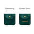 A square velvet jewelry pouch in dark green with a flap and a snap closure, featuring branding options.